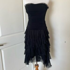 BCBG Max Azria Vintage Y2K Black Ruched Strapless Tulle Dress Midi Small